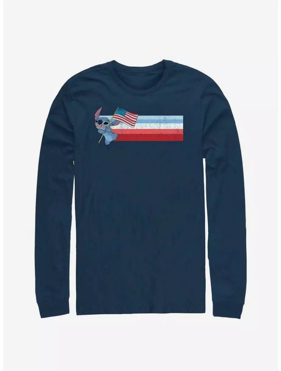 Long Sleeves * | Boxlunch Disney Lilo & Stitch American Flag Stitch Long-Sleeve T-Shirt