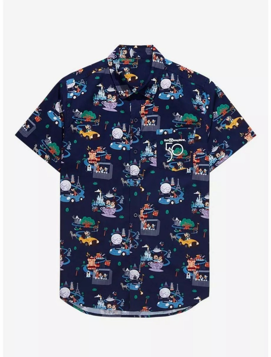 Button-Up Tops * | Disney Walt Disney World 50Th Anniversary Rides & Attractions Woven Button-Up Boxlunch Exclusive